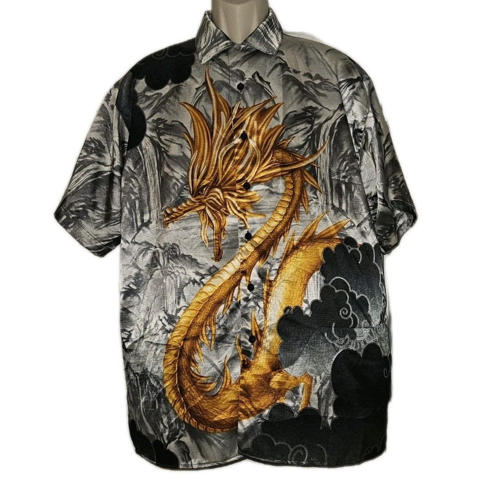 Vtg Trust Satin Dragon All Over Print Short Sleeve Button up Shirt Men's M Y2K